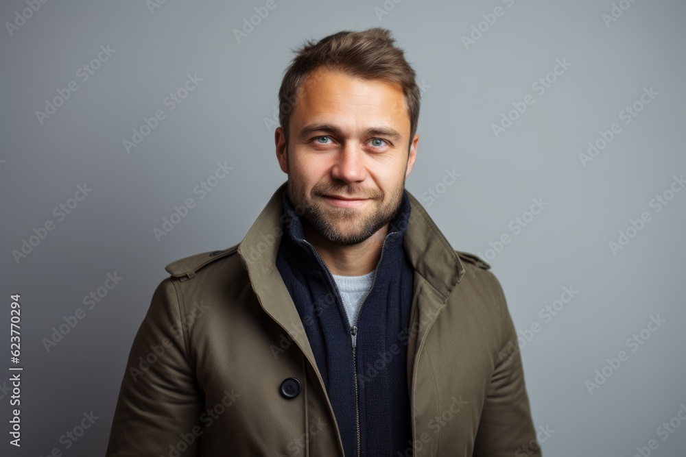 Portrait of a handsome young man in a coat on a gray background Portrait of a handsome young man in a coat on a gray background
