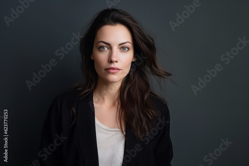 Portrait of a beautiful brunette woman in a black jacket on a gray background