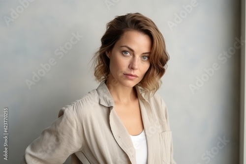Portrait of a beautiful young woman with brown hair in a light jacket on a gray background