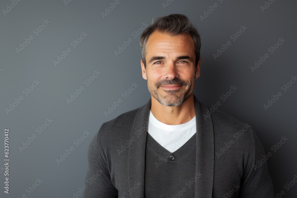 Portrait of a handsome middle-aged man smiling at the camera against grey background Portrait of a handsome middle-aged man smiling at the camera against grey background