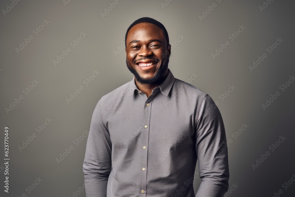 smiling african american man in grey shirt on grey background