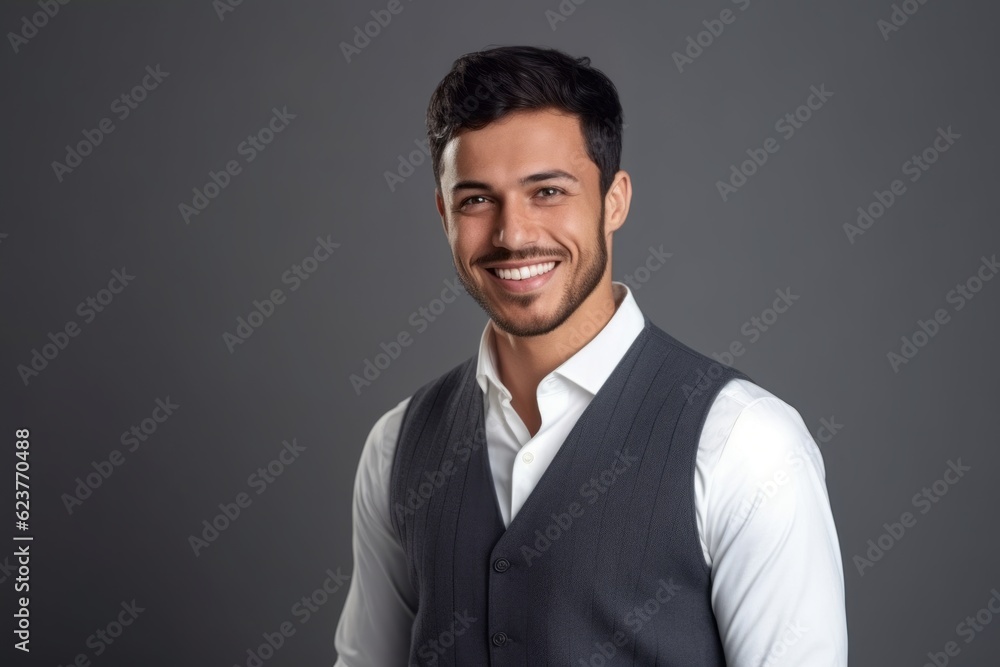 Portrait of handsome young man smiling at camera. Isolated on grey background Portrait of handsome young man smiling at camera. Isolated on grey background