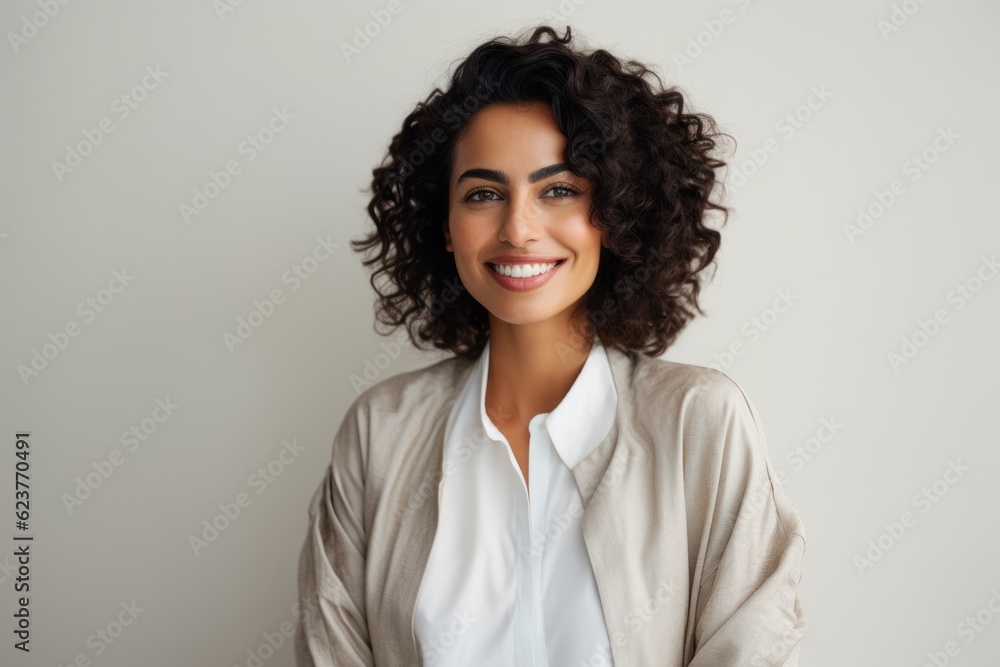 Portrait of a smiling businesswoman looking at camera over grey background Portrait of a smiling businesswoman looking at camera over grey background