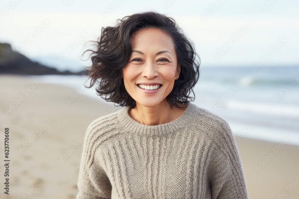 Portrait of smiling mature woman standing on beach at the day time Portrait of smiling mature woman standing on beach at the day time