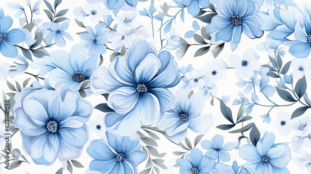 watercolor flowers pattern blue