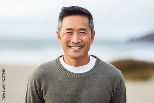Portrait of smiling asian man on the beach with copy space