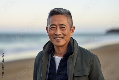 Portrait of a smiling asian man standing on the beach.