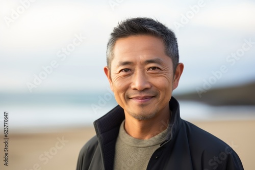Portrait of happy mature Asian man smiling at camera at the beach