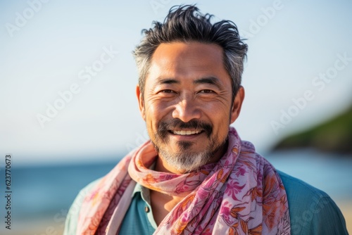 Portrait of smiling mature man with scarf on the beach at sunset