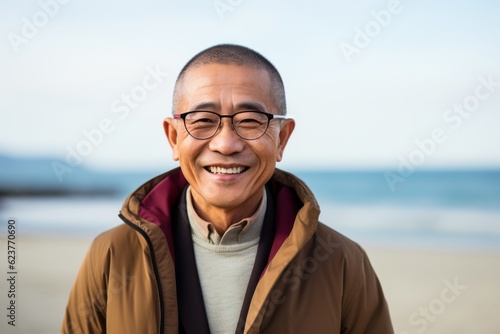 Portrait of smiling asian senior man wearing coat and eyeglasses on the beach