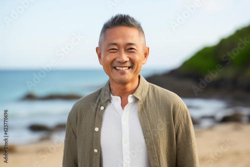 Portrait of happy mature asian man smiling at camera on the beach