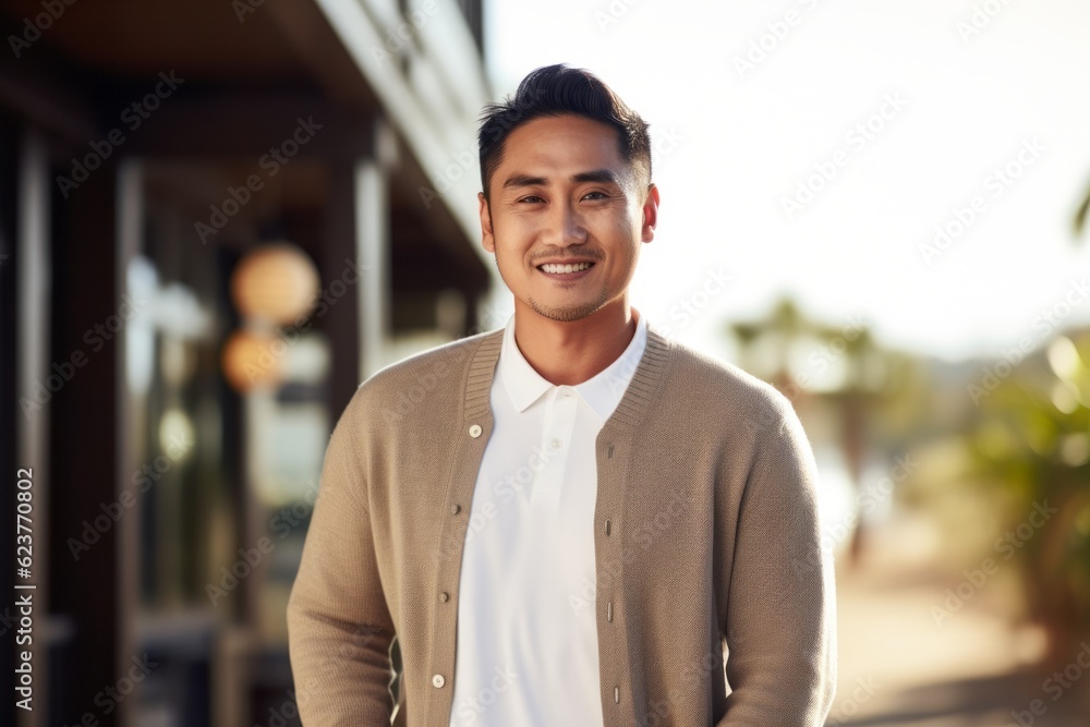 Portrait of handsome asian man in casual clothes smiling at camera