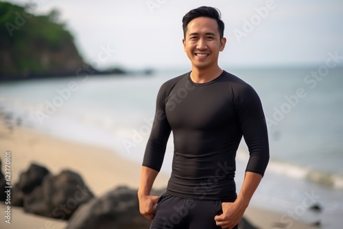 Portrait of happy young asian man in wetsuit standing on beach