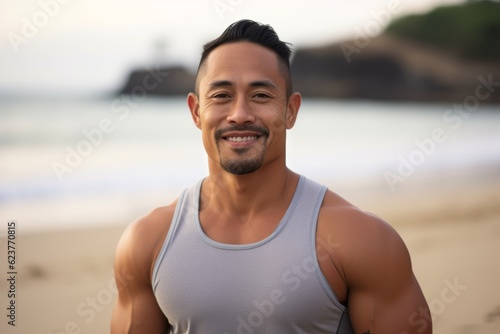 Portrait of a handsome asian man smiling at the beach.