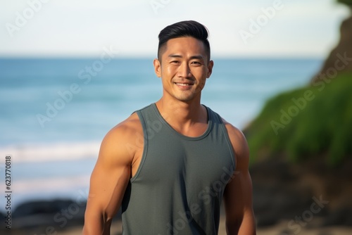 Portrait of a young asian man smiling at the beach.