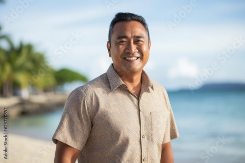 Portrait of happy asian man standing on the beach and smiling