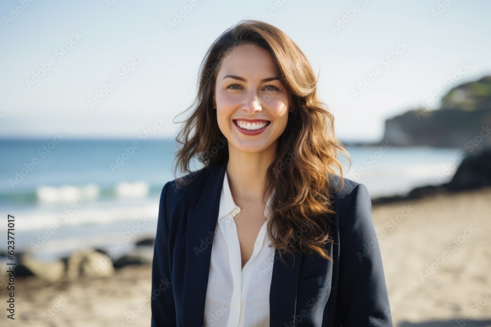Portrait of smiling businesswoman standing on beach at the day time Portrait of smiling businesswoman standing on beach at the day time