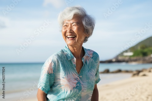 Portrait of happy senior woman standing on the beach at day time