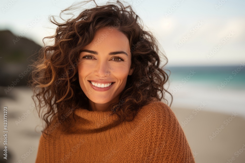 Close up portrait of a beautiful woman with curly hair on the beach