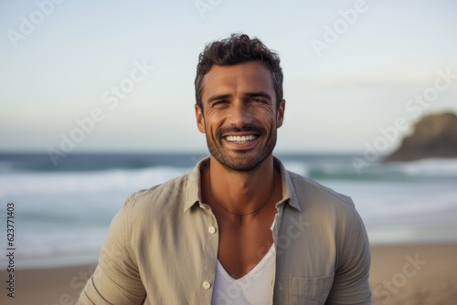 Portrait of handsome man smiling at camera on the beach at sunset