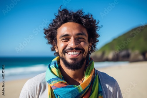 Portrait of smiling man with curly hair and scarf on the beach