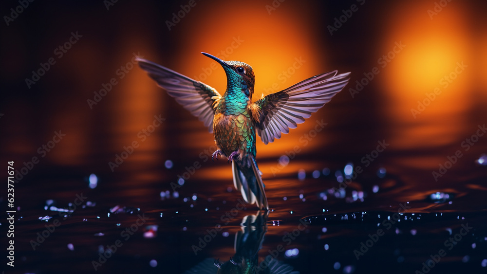 Obraz premium Seltener Kolibri Eisvogel fliegt über dem Wasser in Zeitlupe Zeitraffer Nahaufnahme, ai generativ
