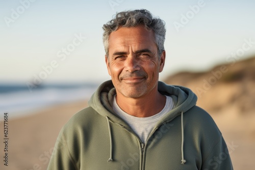 Portrait of smiling mature man standing on beach at the day time