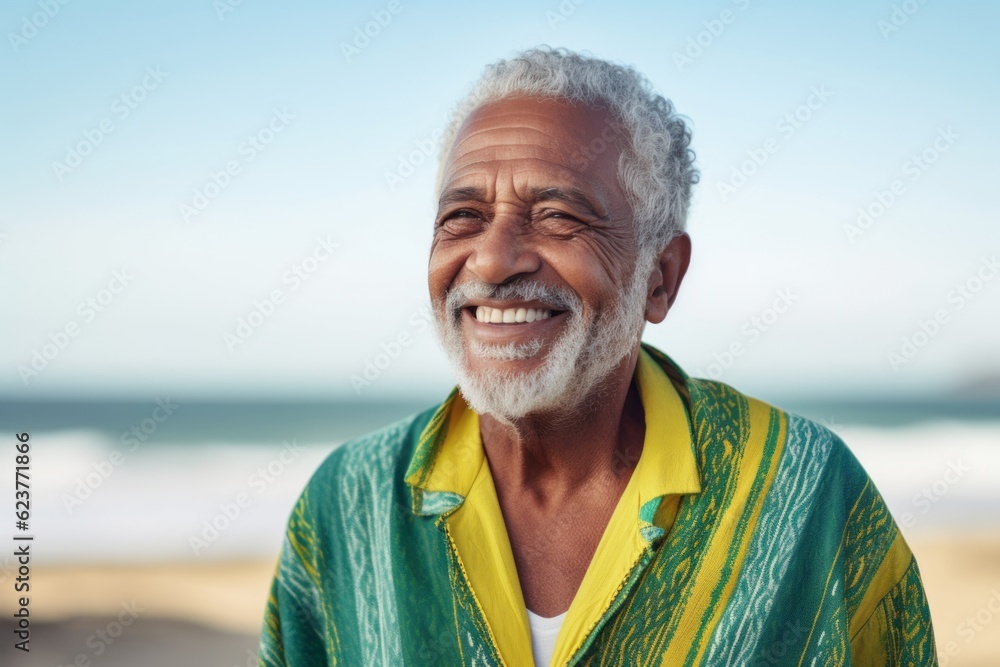 Portrait photography of a happy Brazilian man in his 80s wearing a chic cardigan against a beach background Portrait photography of a happy Brazilian man in his 80s wearing a chic cardigan against a beach background