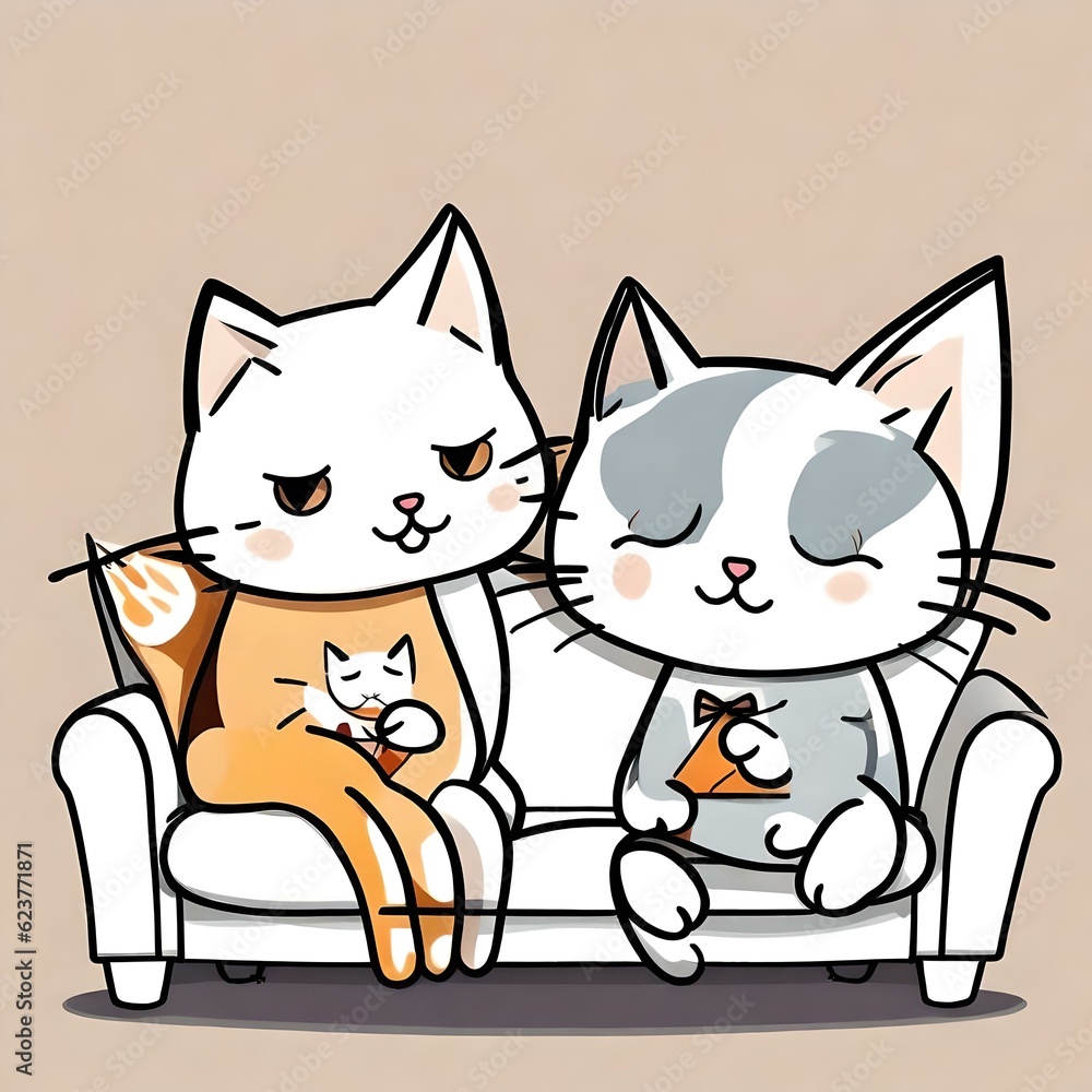 cute cartoon cats sitting on a sofa. (AI-generated fictional illustration)

