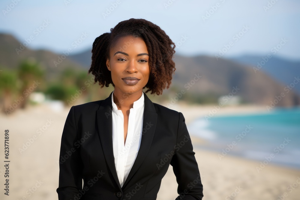 Portrait photography of a satisfied Nigerian black woman in her 30s wearing a sleek suit against a beach background 