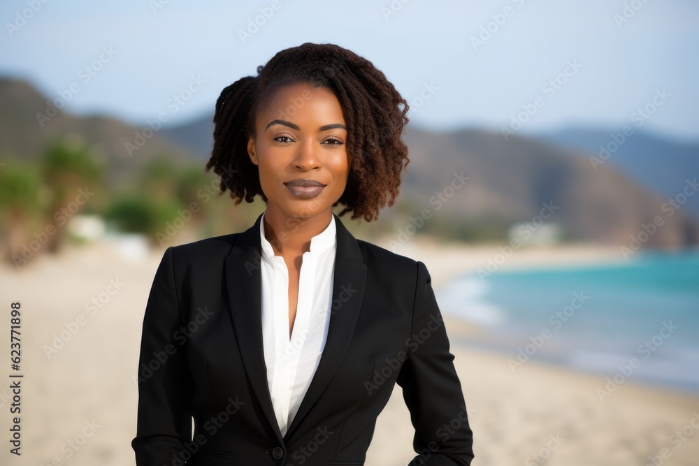 Portrait photography of a satisfied Nigerian black woman in her 30s wearing a sleek suit against a beach background Portrait photography of a satisfied Nigerian black woman in her 30s wearing a sleek suit against a beach background