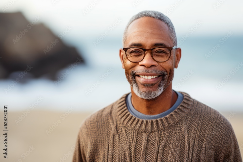 Portrait of smiling senior man in eyeglasses standing on beach