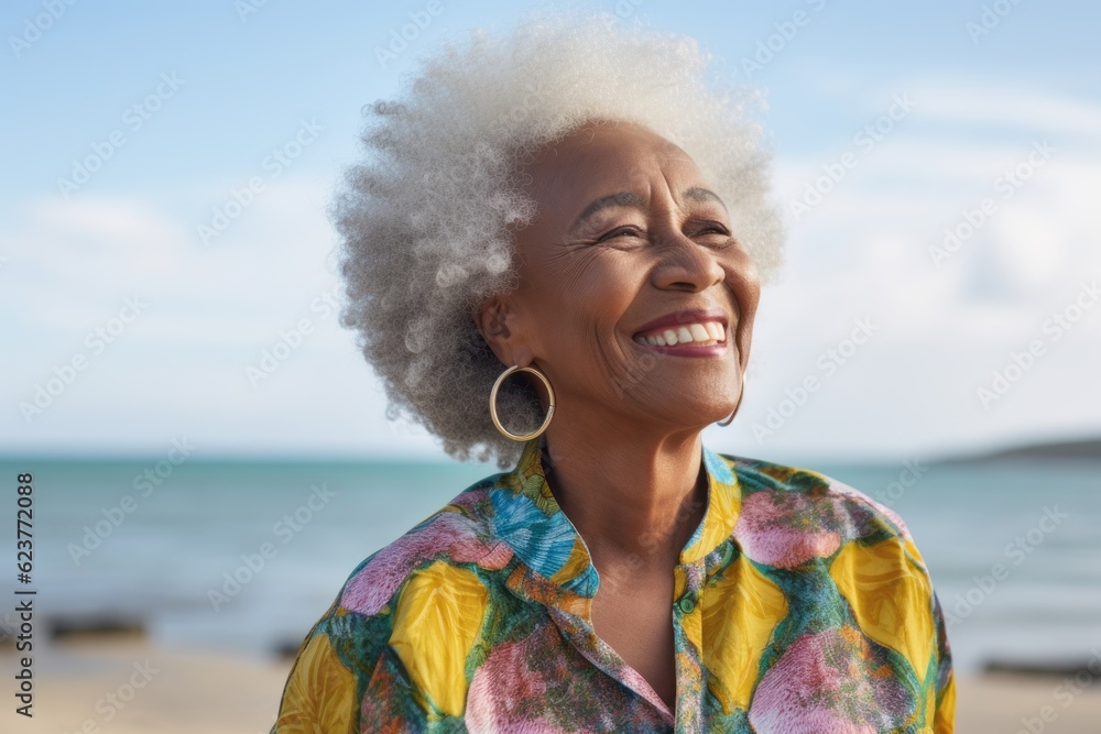 Portrait of happy senior african american woman smiling at the beach ...