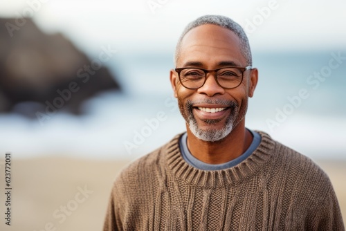 Portrait of smiling senior man in eyeglasses standing on beach