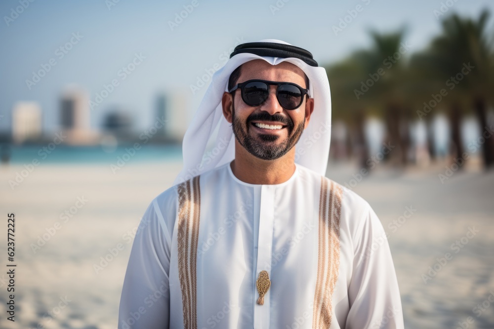 Portrait photography of a happy Saudi Arabian man in his 40s wearing a chic cardigan against a beach background Portrait photography of a happy Saudi Arabian man in his 40s wearing a chic cardigan against a beach background