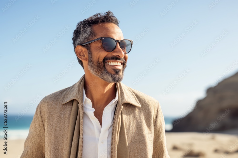 Portrait of a smiling man wearing sunglasses and coat on the beach Portrait of a smiling man wearing sunglasses and coat on the beach