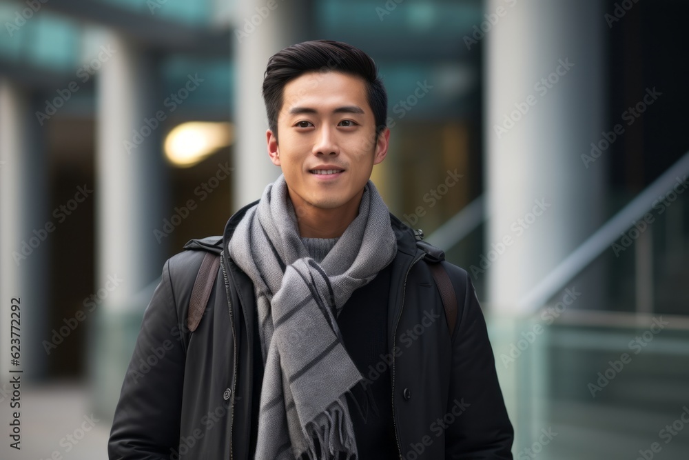 Young asian man wearing a coat and scarf in an urban environment Young asian man wearing a coat and scarf in an urban environment