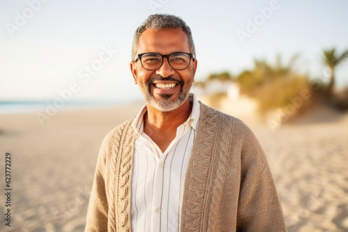 Portrait of happy senior man with eyeglasses on the beach