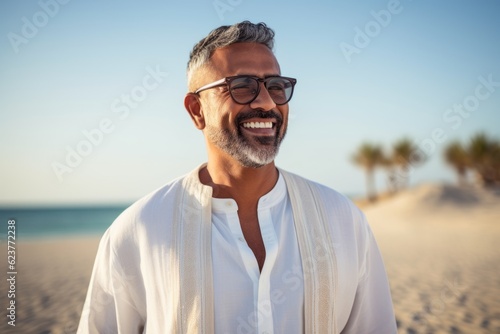 Portrait of smiling mature man wearing eyeglasses on the beach