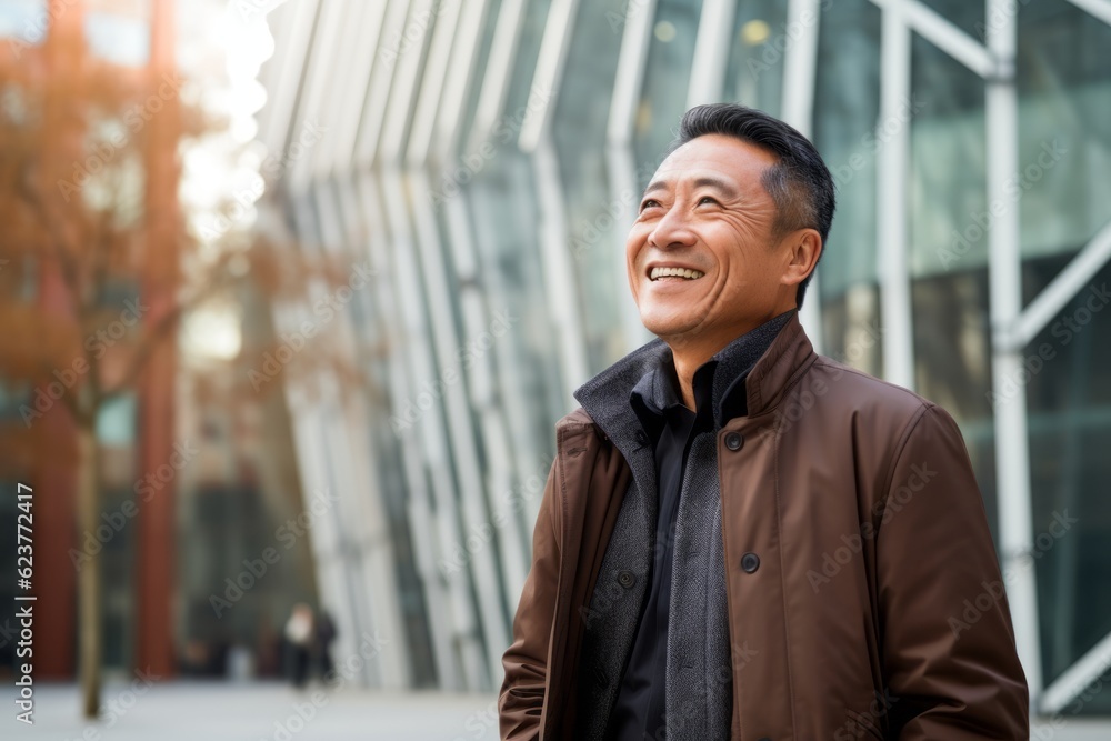 Fototapeta premium Portrait of happy asian man in urban background. Cheerful middle-aged man smiling and looking at camera.