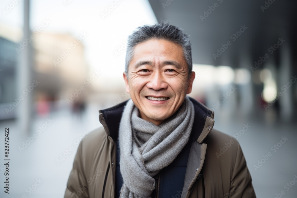Portrait of an asian senior man wearing scarf and coat outdoors Portrait of an asian senior man wearing scarf and coat outdoors