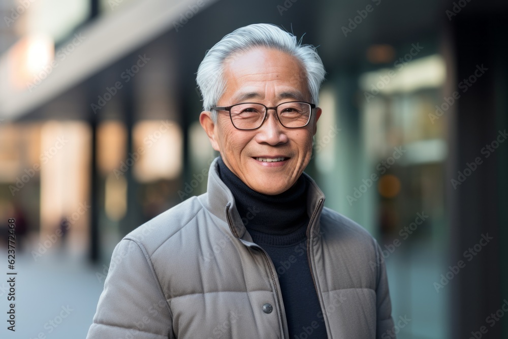 Portrait of happy asian senior man wearing eyeglasses in city Portrait of happy asian senior man wearing eyeglasses in city