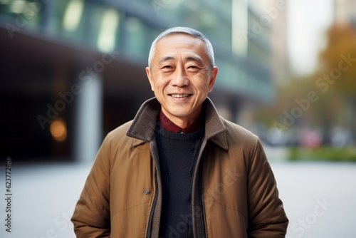 Portrait of a senior asian man smiling at the camera outdoors