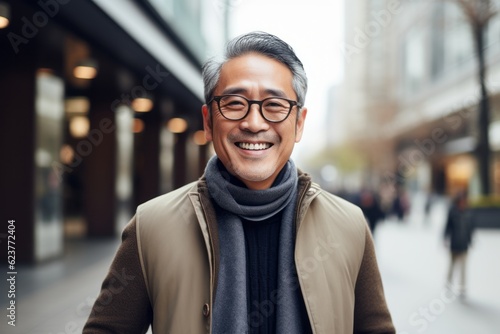 Portrait of happy asian man wearing eyeglasses and coat