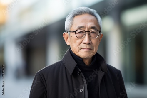 Portrait of senior asian man wearing black coat and eyeglasses