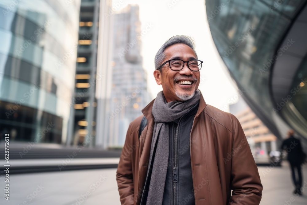 Portrait photography of a cheerful Indonesian man in his 50s wearing a chic cardigan against a modern architectural background 