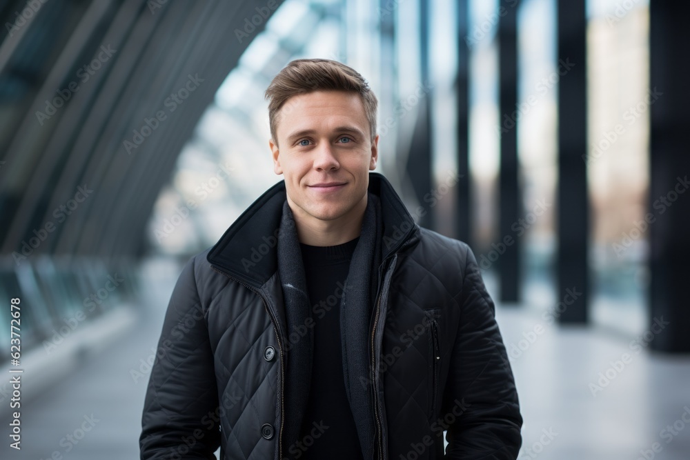 Fototapeta premium Portrait of a handsome young man in urban background. Man wearing black jacket.