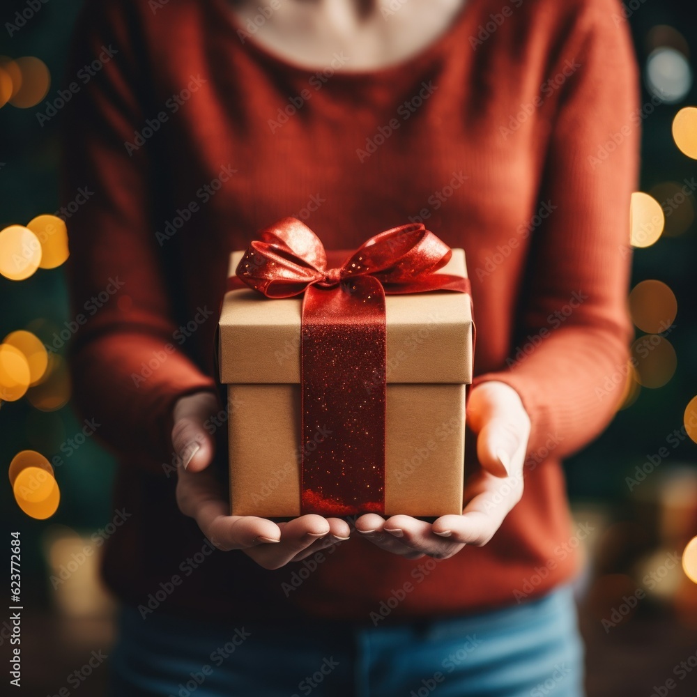 A person holding a Christmas gift or birthday present in her hands. Generative AI illustration. A person holding a Christmas gift or birthday present in her hands. Generative AI illustration.