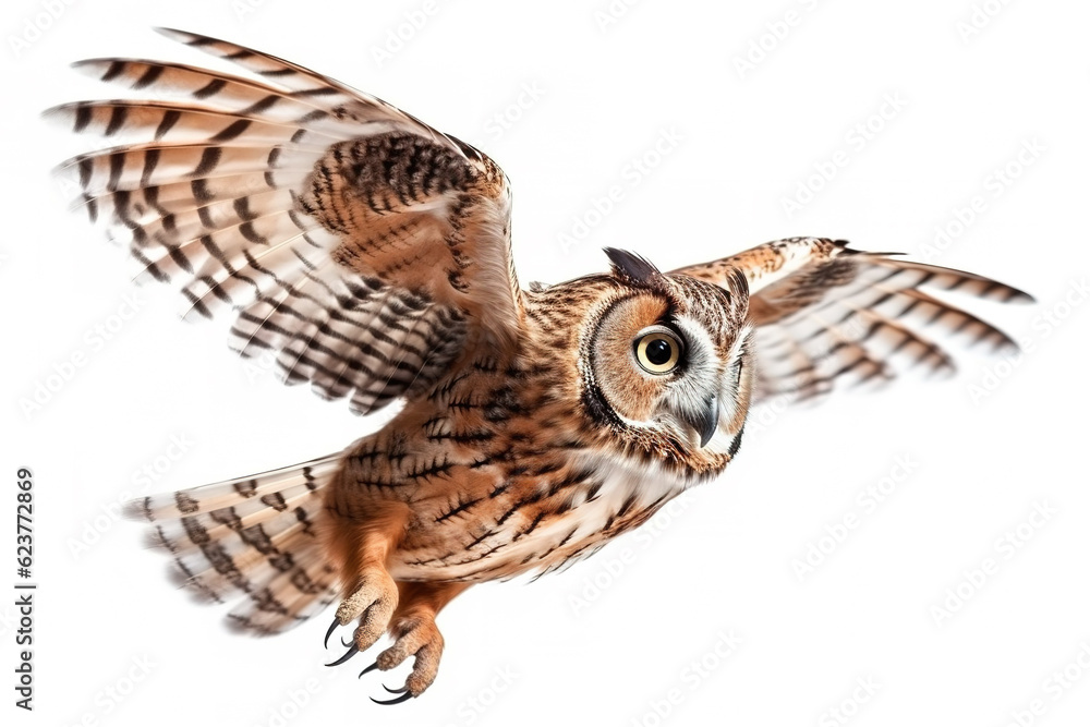 Image of an owl is flapping its wings fly on a white background. Wild Animals. Birds. Illustration. Generative AI. Image of an owl is flapping its wings fly on a white background. Wild Animals. Birds. Illustration. Generative AI.