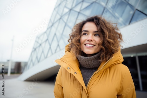 Portrait of smiling young woman in yellow jacket standing in front of modern building © Robert MEYNER